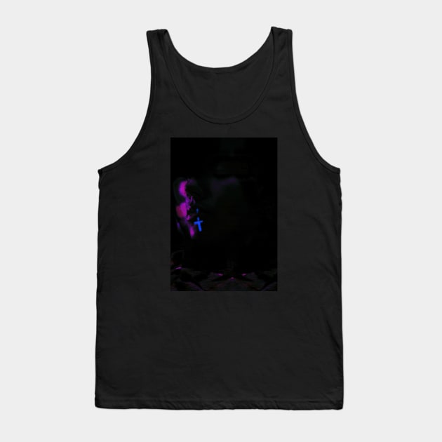 Special processing. Real Jesus was more dark and brutal, but yet so kind guy. Guy with little glowing cross on lip. Violet and blue. Brighter. Tank Top by 234TeeUser234